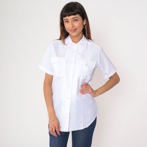 White Utility Shirt 80s Flying Cross Uniforms Button Up Shirt Pocket Collared Law Enforcement Short Sleeve Vintage 1980s Medium 38