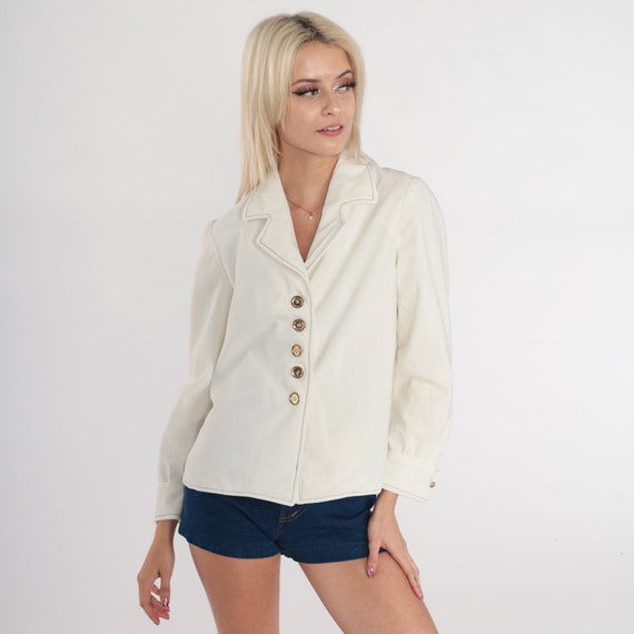 White Button Up Shirt 70s Blouse Vintage Plain Top Simple Collared Shirt 1970s Retro Long Sleeve Seventies Disco Notched Collar Small S