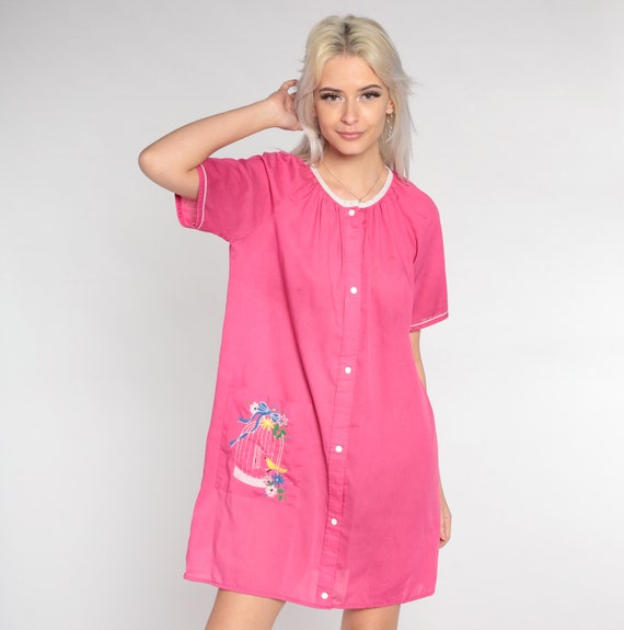 Pink Nightie 80s Pajama Dress Floral Bird Embroid… - image 3