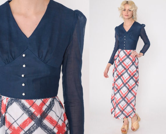 70s Checkered Maxi Dress Sheer Puff Sleeve Dress 60s Mod Hippie Long Sleeve Red White Dark Blue V Neck High Waist Vintage 1970s 2xs xxs