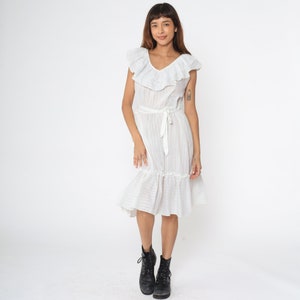 80s Prairie Dress White Sheer Ruffle Stripe Tie Waist Layered Skirt Lace Peasant Cottagecore Vintage Romantic Sun Dress Medium image 2