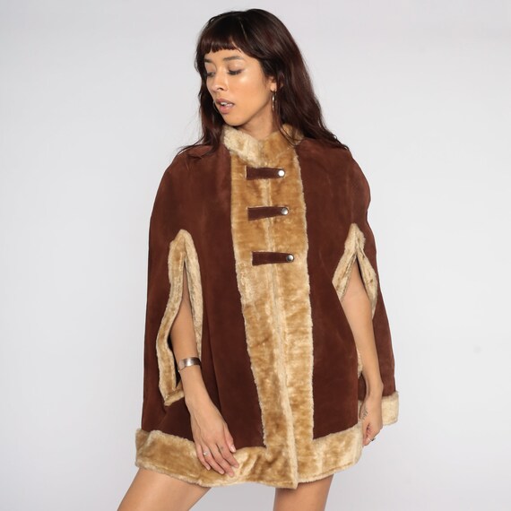 Brown Suede Cape 60s Faux Fur Leather 