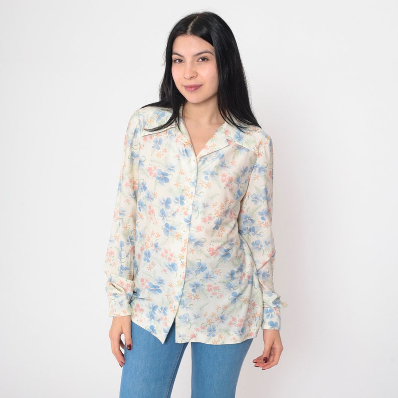 Off-White Floral Blouse 70s Disco Shirt Puff Sleeve Button Up Top Collared Bohemian Retro White Blue Pink Flower Print Vintage 1970s Medium image 3