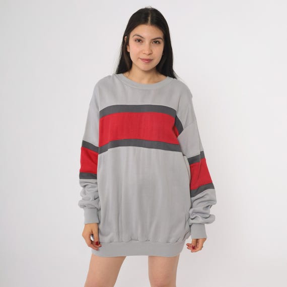 Colorblock 80s Sweatshirt Gray Red Stripe Crew Neck Slouchy Pullover Fit Long Sleeve Sportswear Casual Streetwear Extra Large XL