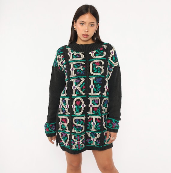 Alphabet Floral Sweater 90s Black Knit Pullover Cable Knit Letter Cotton Botanical Garden Whimsical Pattern Eccentric Unique Vintage Small S