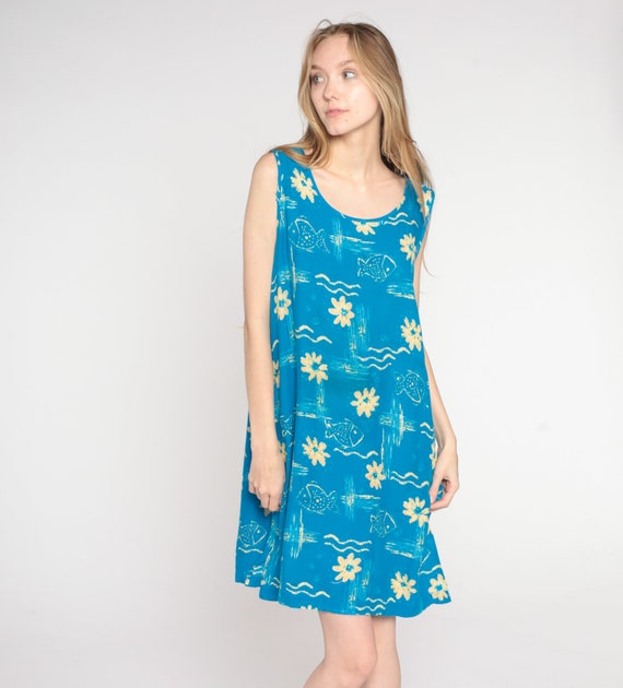 Vintage Tropical Fish Dress 90s Blue Floral Mini Dress Retro Grunge Sundress Beach Dress Bohemian Shift Boho Sleeveless 1990s Medium Large