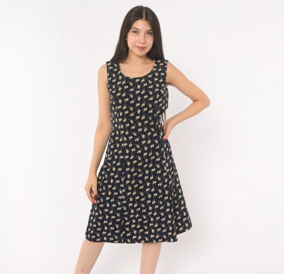 90s Floral Sundress Navy Tan Tulip Print Sleeveless Scoop Neck A Line Knee Length Fitted Waist Dark Cottagecore Vintage Small S