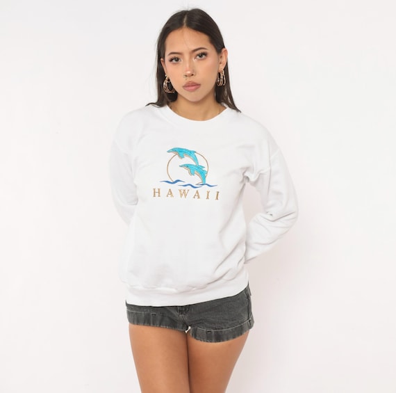 Hawaii Dolphin Sweatshirt 90s White Embroidered Tropical Blue Gold Beach Ocean Graphic Crew Neck Long Sleeve Vintage Top Womens Small S