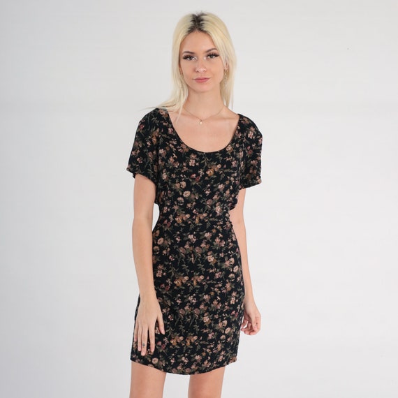 90s Mini Dress Black Floral Print High Waisted 1990s Boho Brown Flower Print Short Sleeve Scoop Neck Garden Party Small Medium