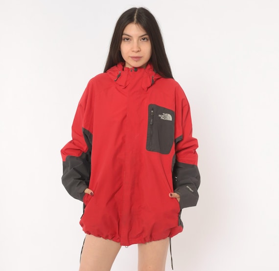 Red North Face Windbreaker 2000s HyVent Hooded Rain Shell Black Color Block Hiking  Zip Front Outdoor Gorpcore Coat Vintage Large L