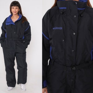 90s Columbia Snowsuit Black Purple Ski Suit One Piece Winter Ski Suit Belted 1990s Retro Vintage Sportswear Skiwear Large L
