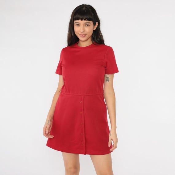 60s Cherry Red Mod Dress Mini Space Age Stewardess Fit and Flare High Waisted Vintage 70s Short Sleeve 1960s Twiggy Gogo Small Medium