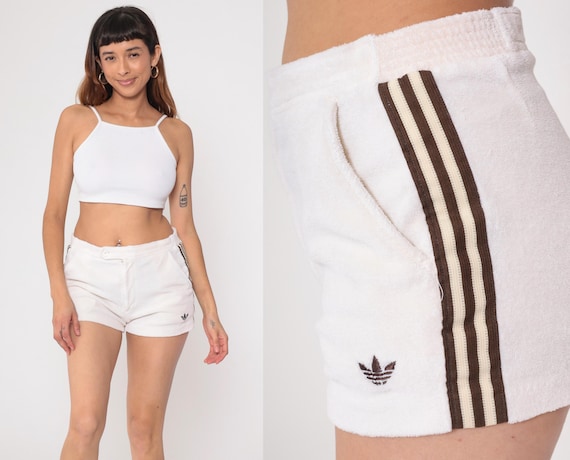 80s Adidas Terry Cloth Shorts White Brown Stripe Athletic High Waist Short Running Gym Vintage Sporty Track Tennis  Medium M