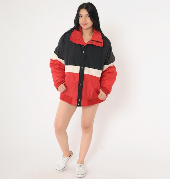 Vintage Color Block Puffer Jacket Ski Jacket Red Black White 80s Striped Puffy Coat Winter Coat 1980s Puff Jacket Zip Up Large