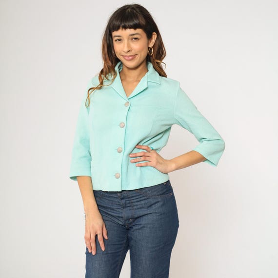 Pastel Turquoise Blouse 70s Button up Shirt Textured Floral Polyester Top Retro Basic Plain Preppy Collared 3/4 Sleeve Vintage 1970s Small