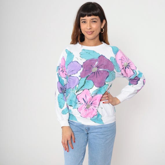 Floral Sweatshirt 90s White Purple Pink Blue Watercolor Print Oversized Crew Neck Vintage Y2K Relaxed Fit Women's Large L