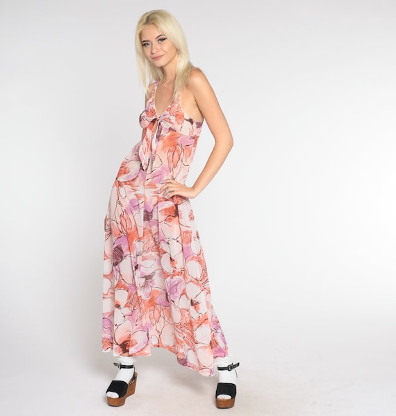 Floral Sundress 70s Maxi Dress Tie Front Sleevele… - image 3