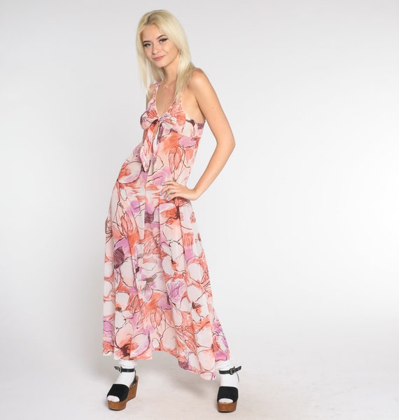 Floral Sundress 70s Maxi Dress Tie Front Sleeveless Keyhole Sun Dress Orange Flower Print Hippie Summer Boho Vintage 1970s Extra Small XS S