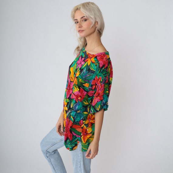 Tropical Floral Blouse 90s Boho Shirt Short Sleev… - image 4