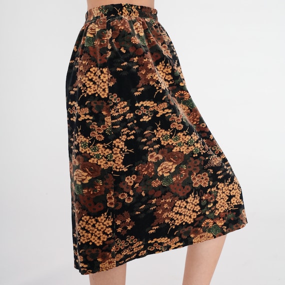 Velvet Floral Skirt 80s Pencil Skirt Black Asian Flower Print Midi Skirt High Waisted Retro Summer Party Bohemian Chic Vintage 1980s Small S