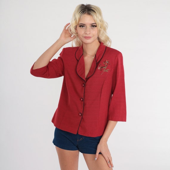 Floral Blazer Jacket Red Embroidered Jacket 80s B… - image 3