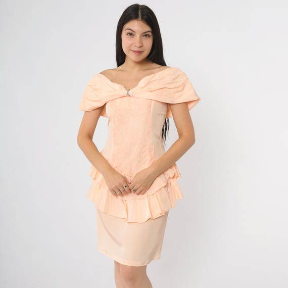 80s Party Dress Peach Off Shoulder Ruffle Peplum Cocktail Formal Evening Rhinestone Detail Twist Zip Back My Fashion Tiered Ruffle Small S