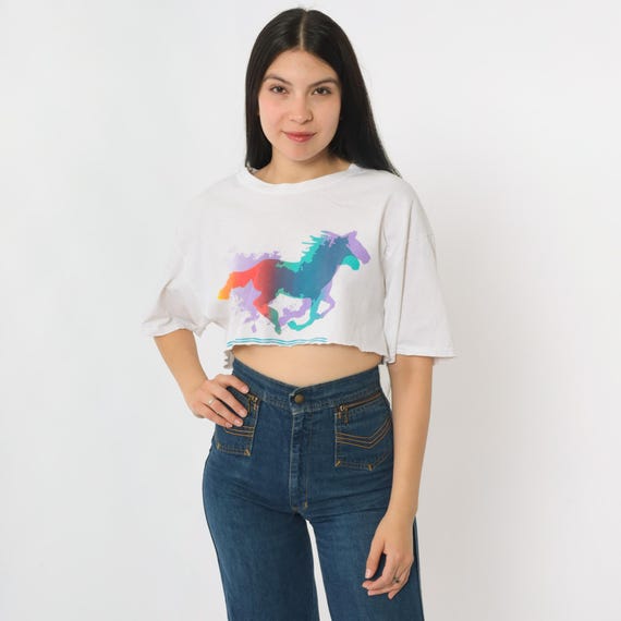Wild Horse Crop Top Y2K Wildlife T-Shirt Cropped Graphic Tee White Crop Top Vintage Raw Hem Fruit of the loom Large L