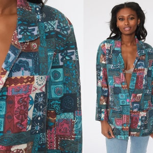 Jaren '90 Patchwork Jas Blauwe Boho Jas Bloemenjas jaren '80 Blazer Hippie Boho Oversized Vintage jaren 1990 Boho Hippie Extra Large xl afbeelding 1