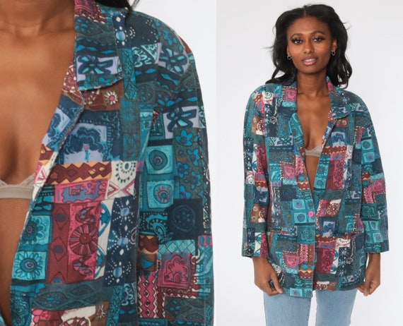 90s Patchwork Jacket Blue Boho Jacket Floral Jack… - image 1