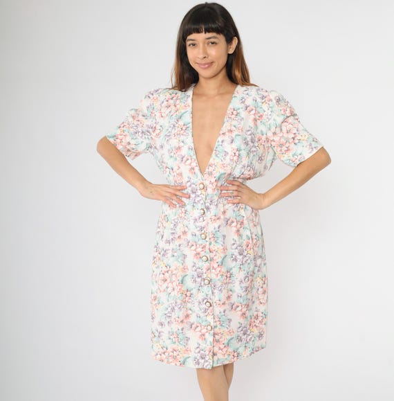 Vintage 80s Floral Dress White Deep V Neck Puff Sleeve Dress Sheath Midi Dress Pearl Button Up Pastel Party Summer Hourglass 1980s Medium 10
