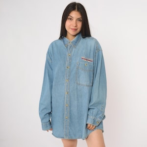 90s Denim Shirt Blue Industrial Button Front Embroidered Milford CT Pocket Logo Vintage Long Sleeve Casual Workwear Overshirt Extra Large XL