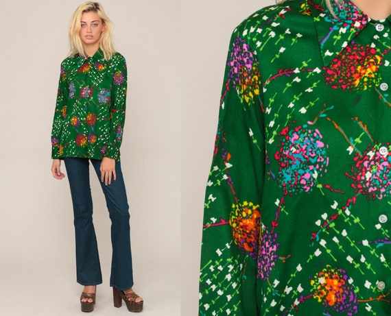 70s Boho Shirt Floral Blouse Floral Top Hippie 1970s Vintage Bohemian Button Up Long Sleeve Green Large