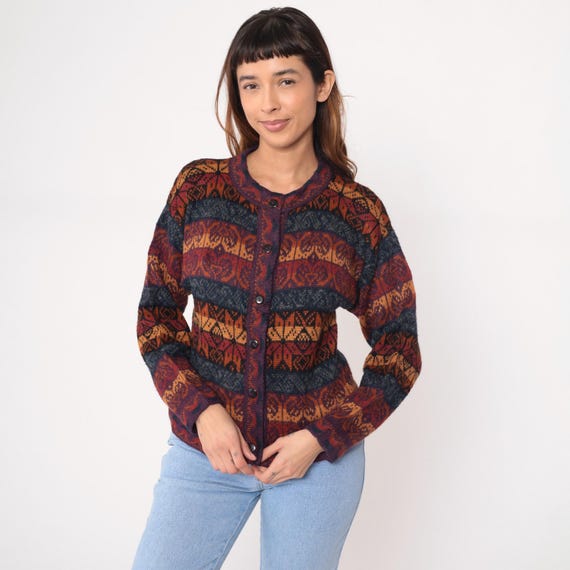 90s Wool Cardigan Fair Isle Nordic Pattern Button Front Burgundy Orange Navy Blue Paisley Vintage Sweater Folk Style Academic Warm Medium M