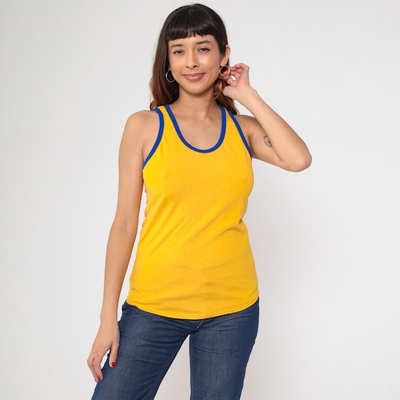 Vintage Yellow Ringer Tank Top 80s #3 Sleeveless T-Shirt Retro Basic Plain Solid Athletic Gym Tee Sporty TShirt 1980s Russell Mills Small