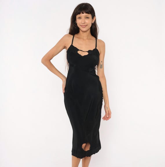 Heart Cutout Slip Dress 70s Black Silk Spaghetti Strap Lace Trim Nightgown Lingerie Style Satin Coquette Valentine Date Vintage Extra Small