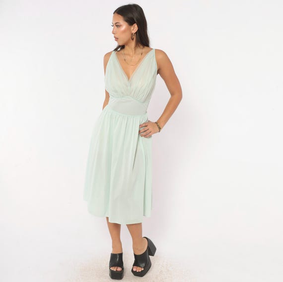 70s Seafoam Green Nightgown Sheer Deep V Neck Sleeveless Tie Back Gathered Waist Slip Dress Mint  Fairycore Lingerie Nightie Vintage Large L