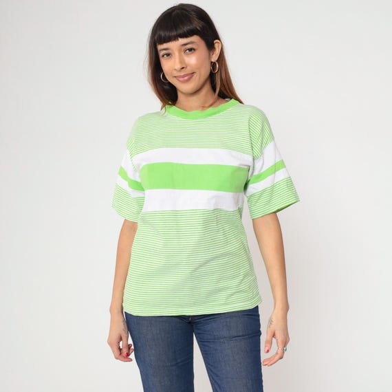 Vintage Lime Green Striped T Shirt 90s White Ringer Tee Retro Tee Normcore Short Sleeve 1990s Cotton Tshirt Small S
