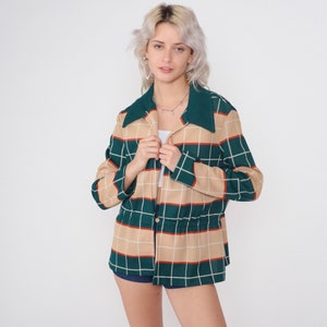 70s Blazer Windowpane Check Jacket Striped Checkered Print Deep V Neck Collared Jacket Top Disco Retro Tan Green White Vintage 1970s Large L image 2