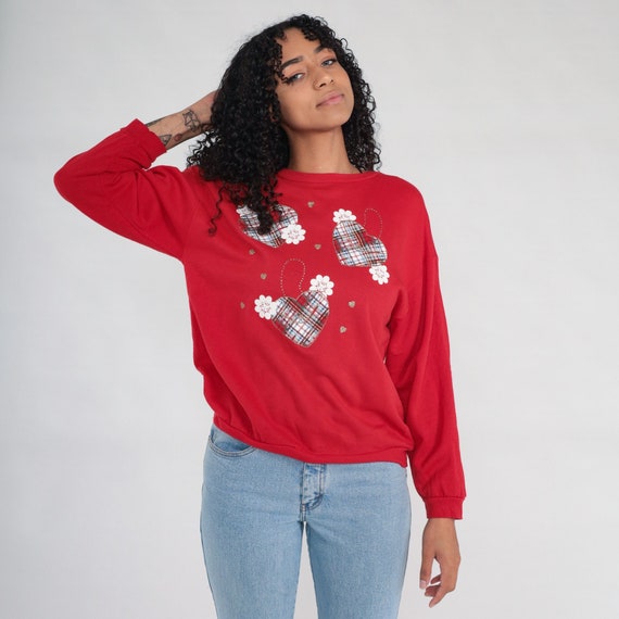 Heart Sweatshirt Red Plaid Valentine Sweater 90s Grandma Sweatshirt Gold Glitter Slouchy Pullover 1990s Valentine's Day Crewneck Medium