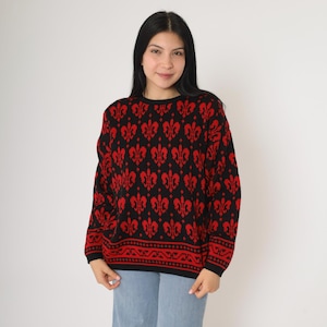 Vintage Fleur De Lise trui rood zwart geometrisch gebreide trui jaren 80 jaren 90 Slouchy acryl trui retro gebreide trui jaren 80 jaren 90 trui medium
