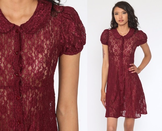 Sheer Lace Dress Peter pan collar Burgundy Mini D… - image 1