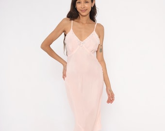 Blush Silk Slip Dress 40s Lace Trim V Neck Midi Nightgown Rose Pink Lingerie Bias Cut Coquette Balletcore Feminine Vintage Medium M
