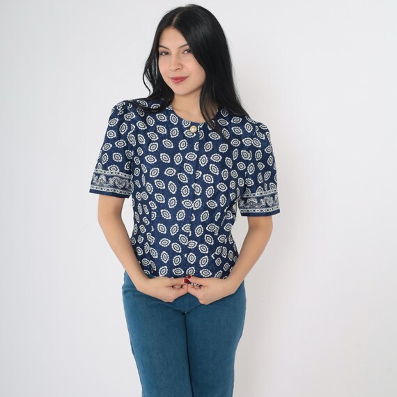 80s Puff Sleeve Blouse Blue Embossed Geometric Top Button Up Shirt 90s Medallion Secretary Top Vintage 1980s Short Sleeve Petite Small 6 S