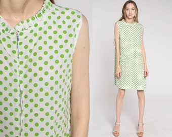 60s Polka Dot Dress White Mod Mini Dress Front Zip Up Shift Dress 1960s Casual Pocket Vintage Sleeveless Minidress Green Day Dress Medium 10