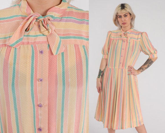 Striped Midi Dress 90s Puff Sleeve Day Dress Button Up Necktie Bow Ascot Preppy High Waisted Secretary Pink Orange Vintage 1990s Medium M