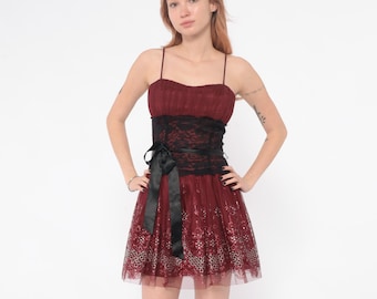 Y2K Mini Goth Dress Burgundy Sequin Black Lace Party Sparkle Red Wine Tulle Sweetheart Neckline Cocktail Coquette Grunge Alt Emo Small S