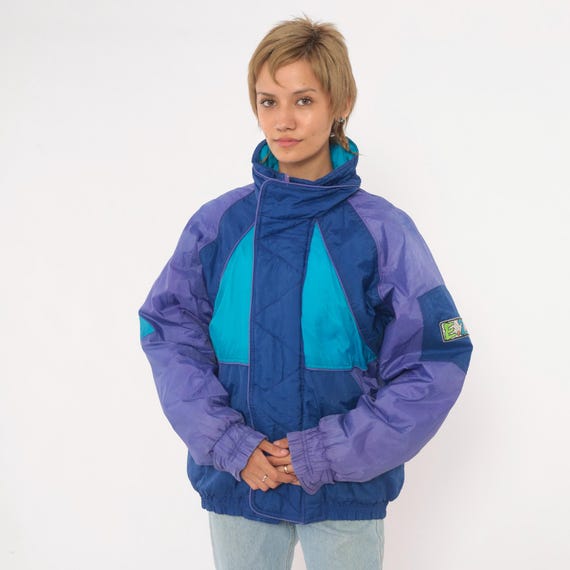 Distressed 90s Color Block Windbreaker Jacket Blue Purple Teal Quilted Ski Coat Turquoise Colorblock Gorpcore Sporty Winter Vintage Small S