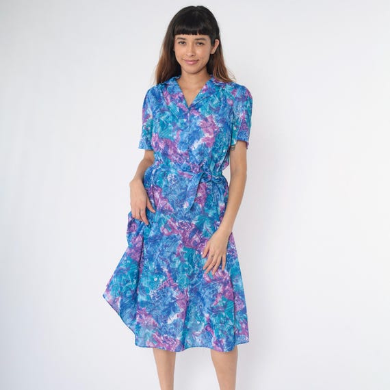 80s Abstract Floral Dress Midi Short Puff Sleeve Blue Purple Shirtdress Button Up Vintage 1980s High Waisted Bohemian Blouson Small Medium
