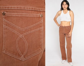 Brown Jeans 80s Straight Leg Jeans High Waisted Rise Colored Denim Pants Retro Basic Plain Relaxed Boyfriend Fit Vintage 1980s Small Medium