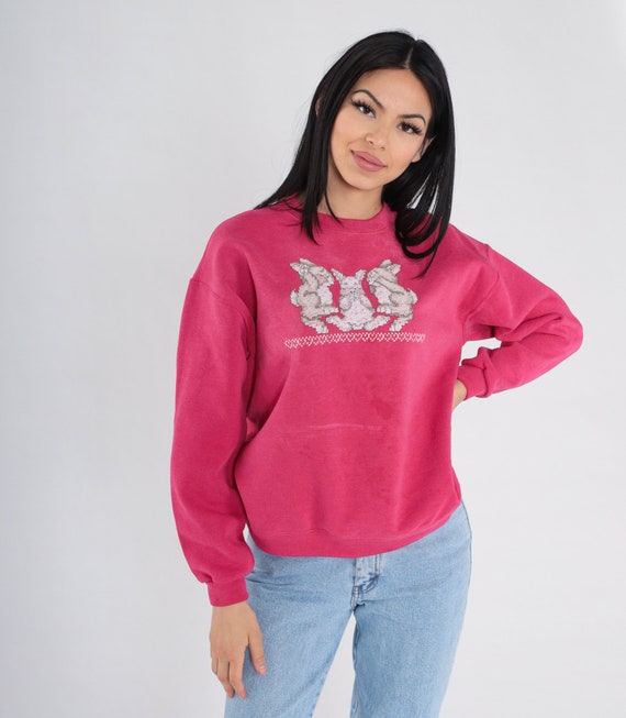 Bunny Sweatshirt 90s Rabbit Sweater Cross Stitch Graphic Retro Pullover Crewneck Cute Girly Kawaii Grandma Faded Red 1990s Vintage Medium M